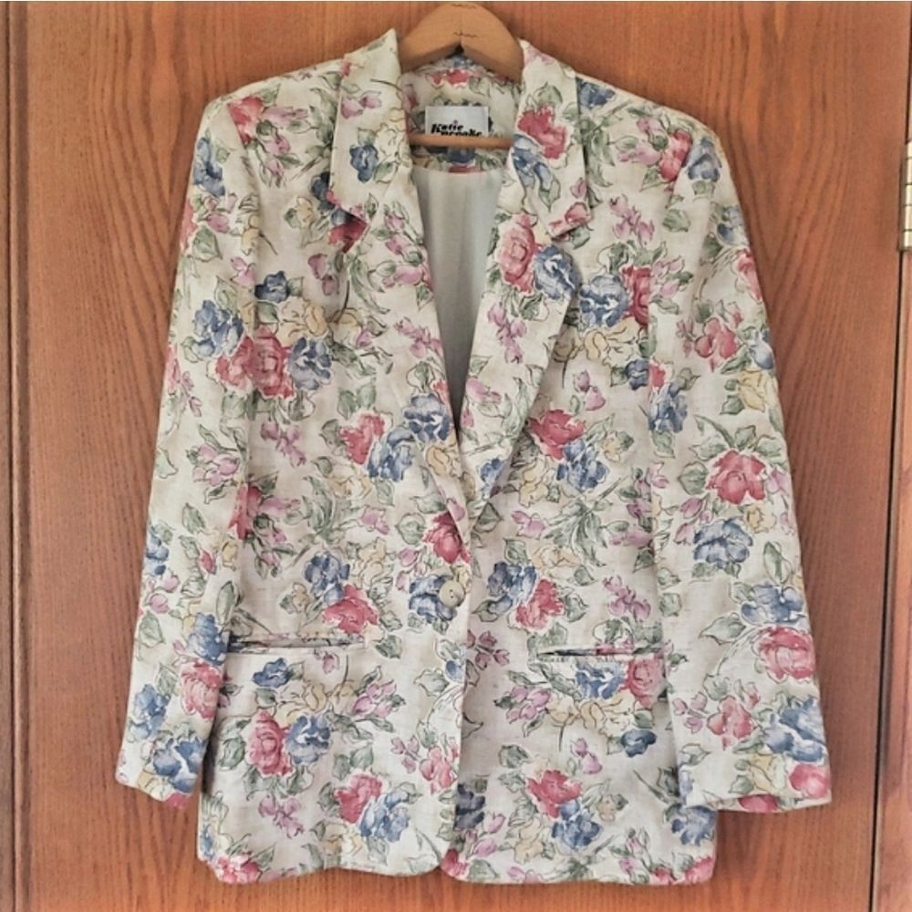 Lovely Vintage Katie Brooke Cream Pink Blue Floral Blazer Sz 6
